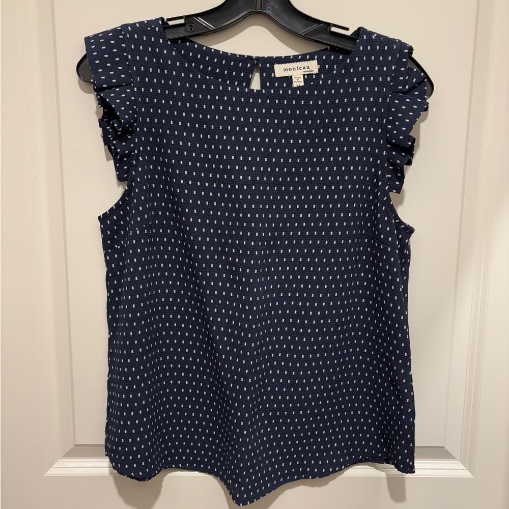Monteau Blue and White Flutter Sleeve Ruffled Blouse
